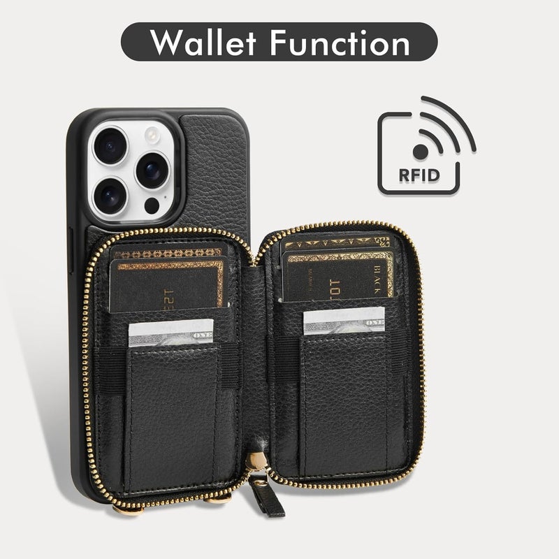 ZVE for iPhone 15 Pro Max Wallet Case Crossbody, Card Holder Phone Purse for Women, RFID Blocking Zipper Leather Cover with Wrist Strap for iPhone 15 Pro Max (6.7 inch)- Black - Image 2
